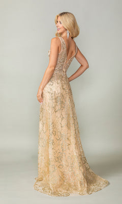 A woman models the Glitter-Print Lace-Up Long Prom Dress 4379—a sleeveless, floor-length gold lace gown with a fitted bodice and V-back—against a plain light background.