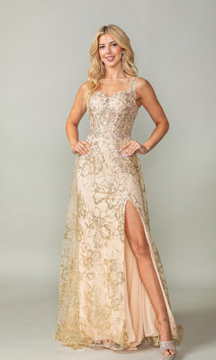 A woman poses in the Glitter-Print Lace-Up Long Prom Dress 4379—a floor-length, sleeveless gown with gold embroidery and a high slit—wearing heels and smiling against a plain light gray background.