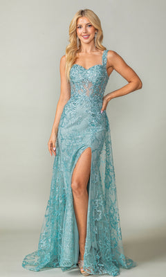 A woman poses elegantly in the Glitter-Print Lace-Up Long Prom Dress 4379, featuring a light blue a-line silhouette, sheer bodice, floral embroidery, and high slit against a plain background.