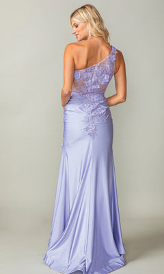 A woman stands with her back to the camera, wearing the Dancing Queen 4381—a light purple, one-shoulder long prom dress featuring delicate embroidered floral lace.