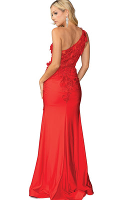 Woman models the Dancing Queen 4381, a fitted one-shoulder long prom dress with floral lace and corset details, posing to showcase its back and side against a white background.