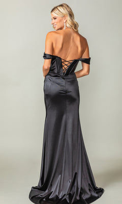 A woman stands facing away from the camera, wearing the Dancing Queen 4382 off-shoulder long prom dress featuring a floor-length black satin skirt and lace-up open back.