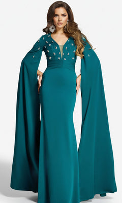 Dark green evening gown with cape-style sleeves on a white background