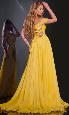 A woman poses with one hand on her head in a flowing yellow Long Chiffon A-Line Prom Dress (Jovani 43842) featuring a crisscross back, her reflection shimmering beside her as she faces away from the camera.