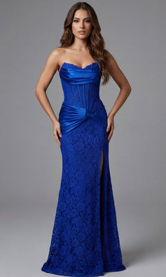 The Jovani 43859 strapless royal blue floor-length gown features a sweetheart neckline, a sheer-corset bodice, and a side leg slit.