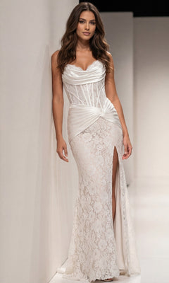 A woman wearing a white Strapless Sweetheart Prom Gown: Jovani 43859 featuring a strapless cowl neckline, corset bodice, and a side slit.