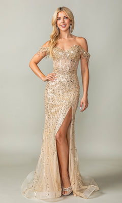 A woman models the Fringe-Strapped Long Sequin Prom Dress 4385, a champagne-colored gown with fringe straps, sequins, and a thigh-high slit, standing against a plain background.