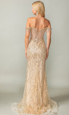 A woman stands with her back to the camera against a plain background, wearing the Fringe-Strapped Long Sequin Prom Dress 4385, a floor-length gold gown with off-the-shoulder fringe straps.