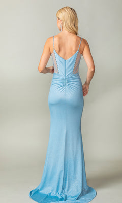 A woman faces away from the camera, showcasing the Long Ruched Glitter Prom Dress: Dancing Queen 4388— a light blue, floor-length gown with thin straps, ruched details, glitter finish, and a low back against a plain background.