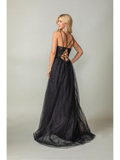 A woman faces away from the camera against a plain background, wearing the Long Prom Dress 4393 by Dancing Queen—a black, tulle a-line formal dress with a lace-up back.