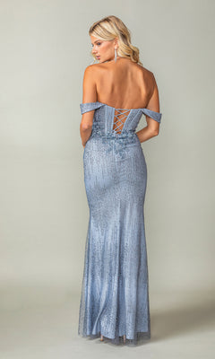 A woman faces away from the camera in the Off-the-Shoulder Long Sweetheart Prom Dress 4395, featuring sequin details, a light blue hue, a floor-length skirt, and a lace-up back.