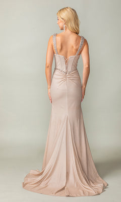 A woman stands facing away in the Beaded-Bust Lace-Up Long Prom Dress, a sleeveless, floor-length champagne gown with a fitted bodice, beaded straps, and lace-up back detail.