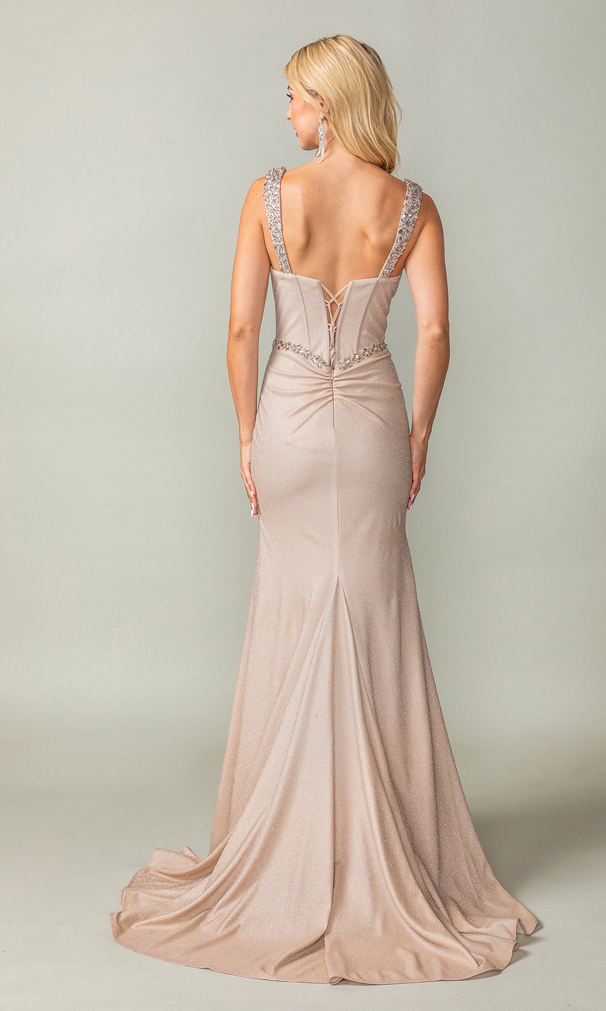Beaded-Bust Lace-Up Long Prom Dress