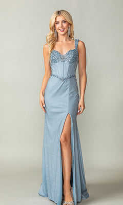 A woman in the Beaded-Bust Lace-Up Long Prom Dress, a light blue floor-length gown with a thigh-high slit and beaded bodice, stands against a plain background wearing silver heels.