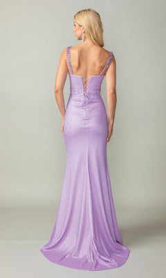 A woman in the Embellished Sheer-Corset Long Prom Dress 4400, a fitted, floor-length lavender gown with an embellished corset and lace-up back, stands facing away against a plain background.