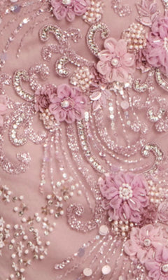 Close-up of the Jovani 44007 Long Prom Dress featuring an off-the-shoulder pink design with elaborate beadwork, sequins, and 3D floral appliques.