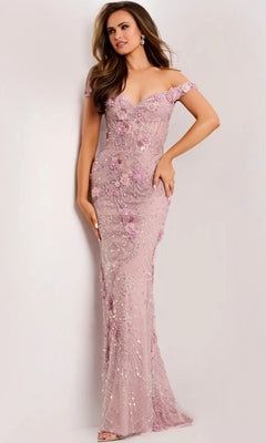 A woman models the Jovani 44007 Long Prom Dress in pink, featuring a fitted off-the-shoulder design with 3D floral appliques and sequin details, against a plain background.