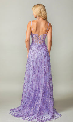 A woman with long blonde hair models the Dancing Queen 4402, a lavender long glitter-print prom dress with sequin details, thin straps, and a lace-up back, standing against a plain background.