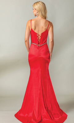 Woman wearing the Beaded-Waist Long Corset-Back Prom Dress 4403, a floor-length fitted red mermaid gown with thin straps, a sweetheart corset bodice, lace-up back, and beaded waist detail, standing against a plain background.