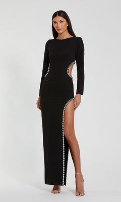 Mac Duggal Crepe Long Sleeve Gown with Beaded Cutouts - Black Mac Duggal Crepe Long Sleeve Gown with Beaded Cutouts - Black