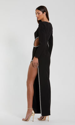 black pearl dress long sleeve Mac Duggal Crepe Long Sleeve Gown With Beaded Cutouts
