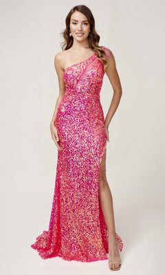 A woman models the Nina Canacci 4405 sequin prom dress, featuring a one-shoulder neckline and thigh-high slit, against a plain background.
