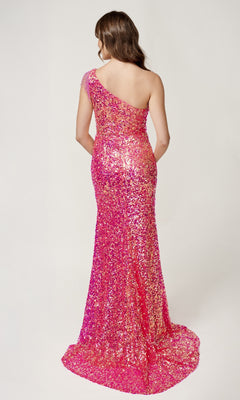 A woman faces away, modeling the Nina Canacci 4405 Sequin Prom Dress—floor-length, pink, fitted silhouette with a one-shoulder neckline—against a plain white background.