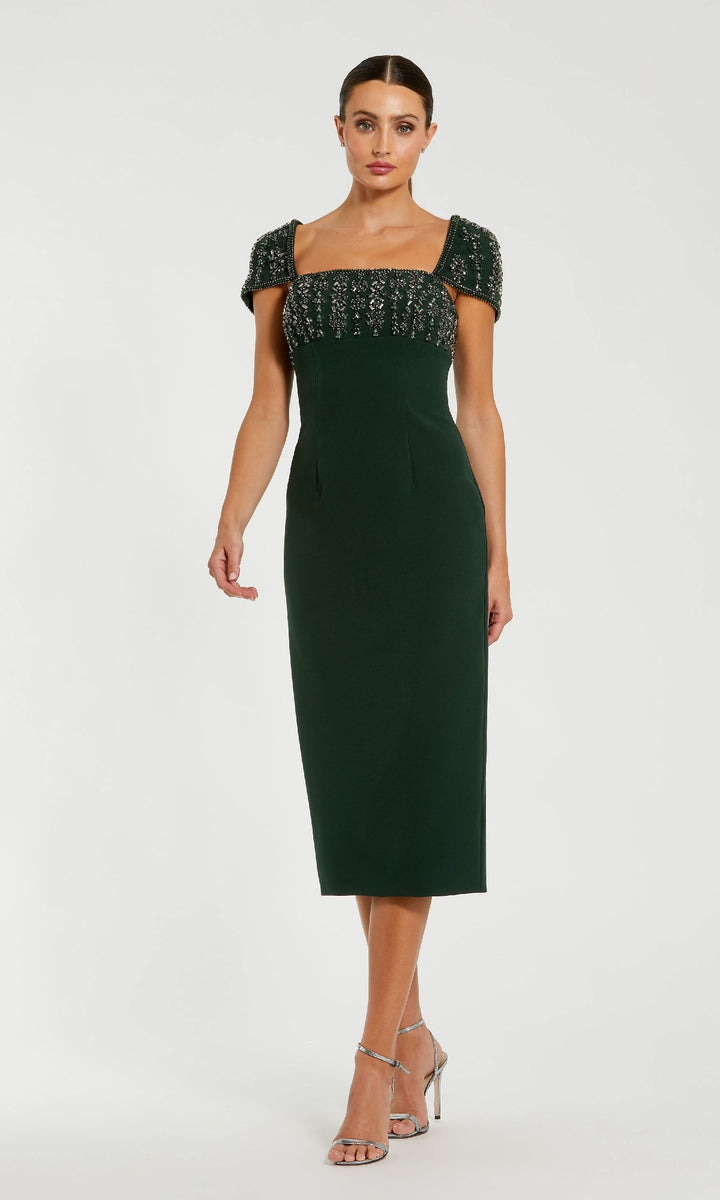 Mac Duggal - Green Embellished Cap Sleeve Crepe Midi Dress - Dark Emerald / US 2 Mac Duggal - Green Embellished Cap Sleeve Crepe Midi Dress - Dark Emerald / US 2