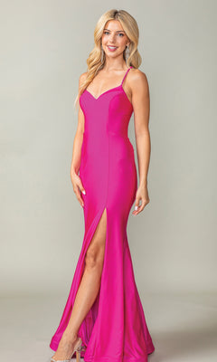 A woman poses against a plain light gray background wearing the Long Prom Dress 4409 by Dancing Queen—a bright pink, sleeveless, floor-length fitted formal dress featuring a thigh-high slit and lace-up back.