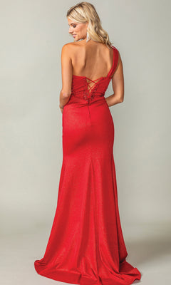 A woman wearing the One-Shoulder Long Prom Dress: Dancing Queen 4415, a floor-length red gown with a lace-up back, stands facing away from the camera.