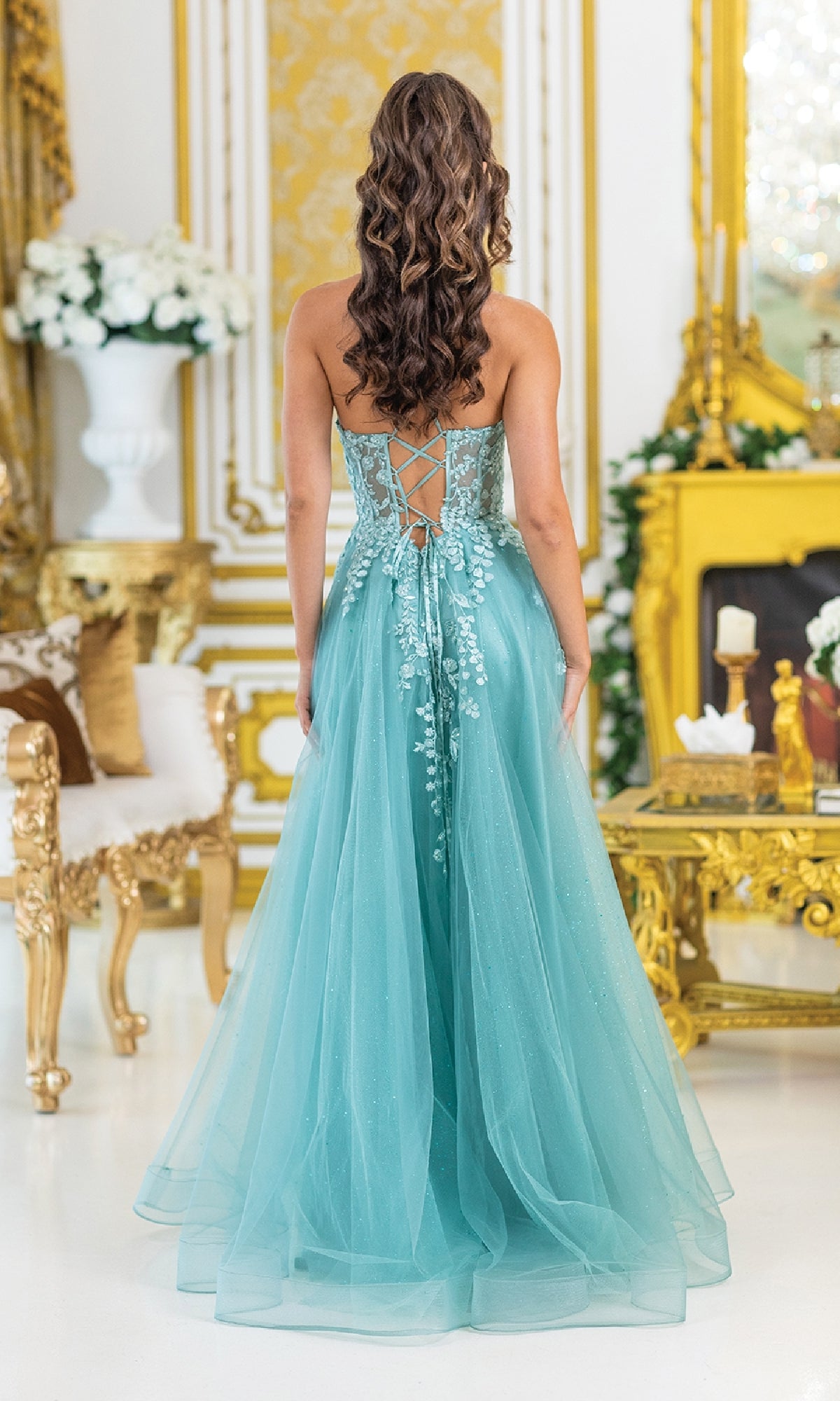 Sheer-Bodice Long A-Line Prom Dress with Embroidery Blush / Large
