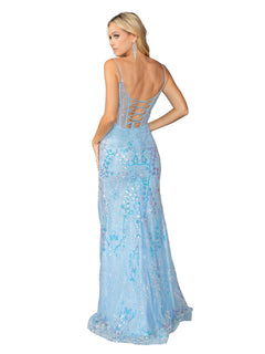 A woman stands looking over her shoulder in the Dancing Queen 4422, a light blue, floor-length sequin prom dress featuring a corset-style bodice and lace-up back.