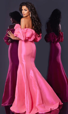 Woman wearing the Long Prom Dress: Jovani 44271, a fitted ruffled off-the-shoulder pink mermaid gown, poses by a mirror to highlight the elegant back and side views.