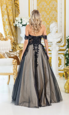 A woman stands indoors with her back to the camera, wearing the Off-Shoulder Prom Ball Gown: Dancing Queen 4429 in an ornate, gold-accented room.