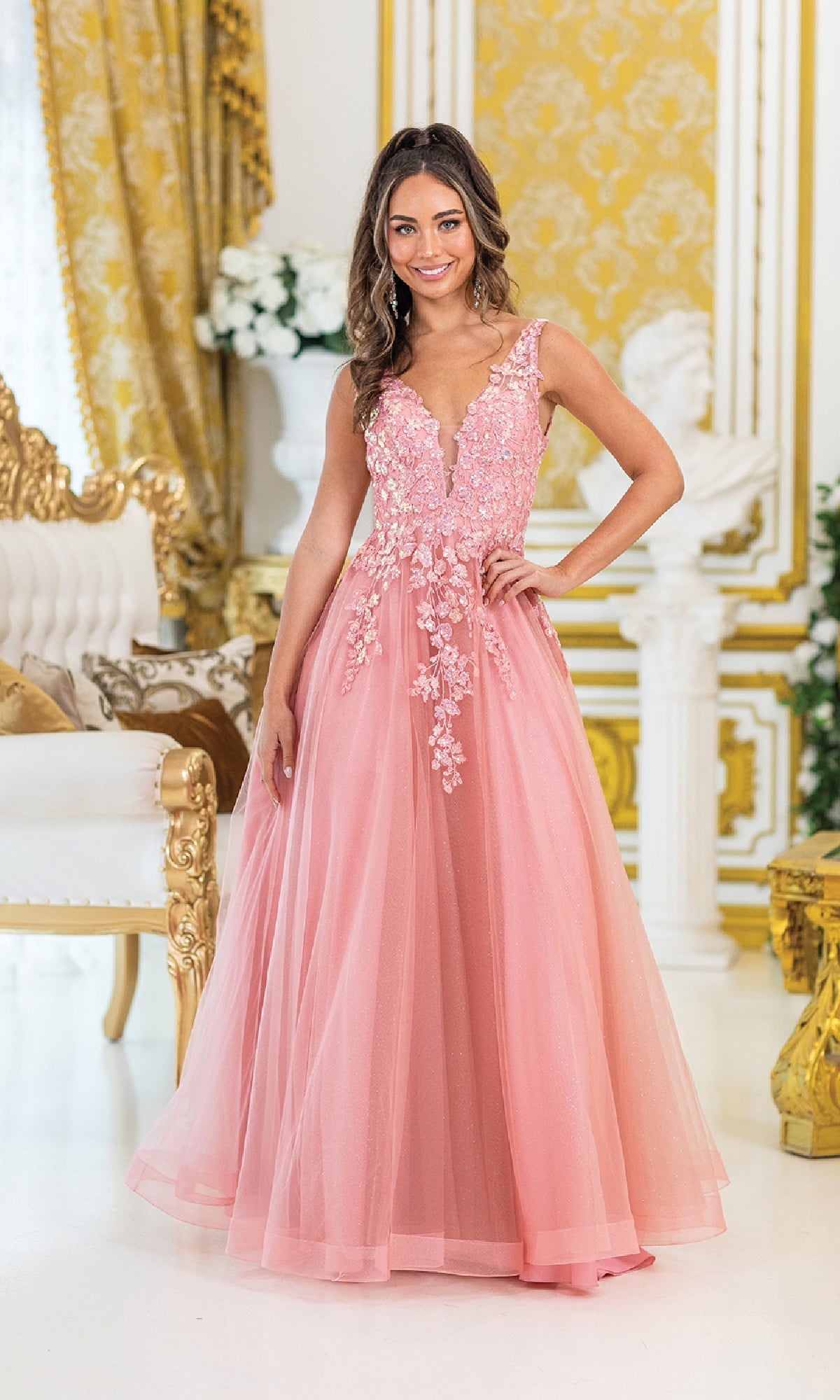 Long Pastel A-Line Prom Dress with Sequin Embroidery Pink / Small