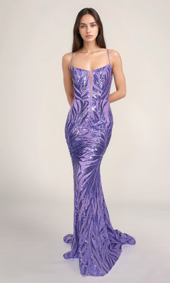 A woman wearing the Nina Canacci 4433, a fitted floor-length lavender sequin prom dress with a lace-up open back, stands against a plain light background.