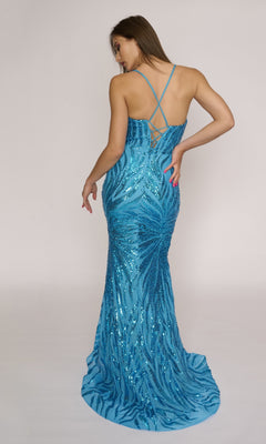A woman faces away, wearing the Nina Canacci 4433—a long blue formal dress with sequins, thin crisscross straps, a fitted silhouette, and a lace-up open back.
