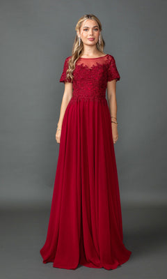 A woman stands against a gray background wearing the Dancing Queen 4433, a short sleeve, floor-length burgundy prom dress with lace and floral details on the bodice.