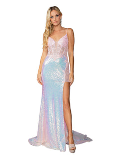 A woman poses against a plain white background in the Lace-Up Long Sequin Prom Dress: Dancing Queen 4435, featuring shimmering iridescent sequins, spaghetti straps, a plunging neckline, and a thigh-high slit.