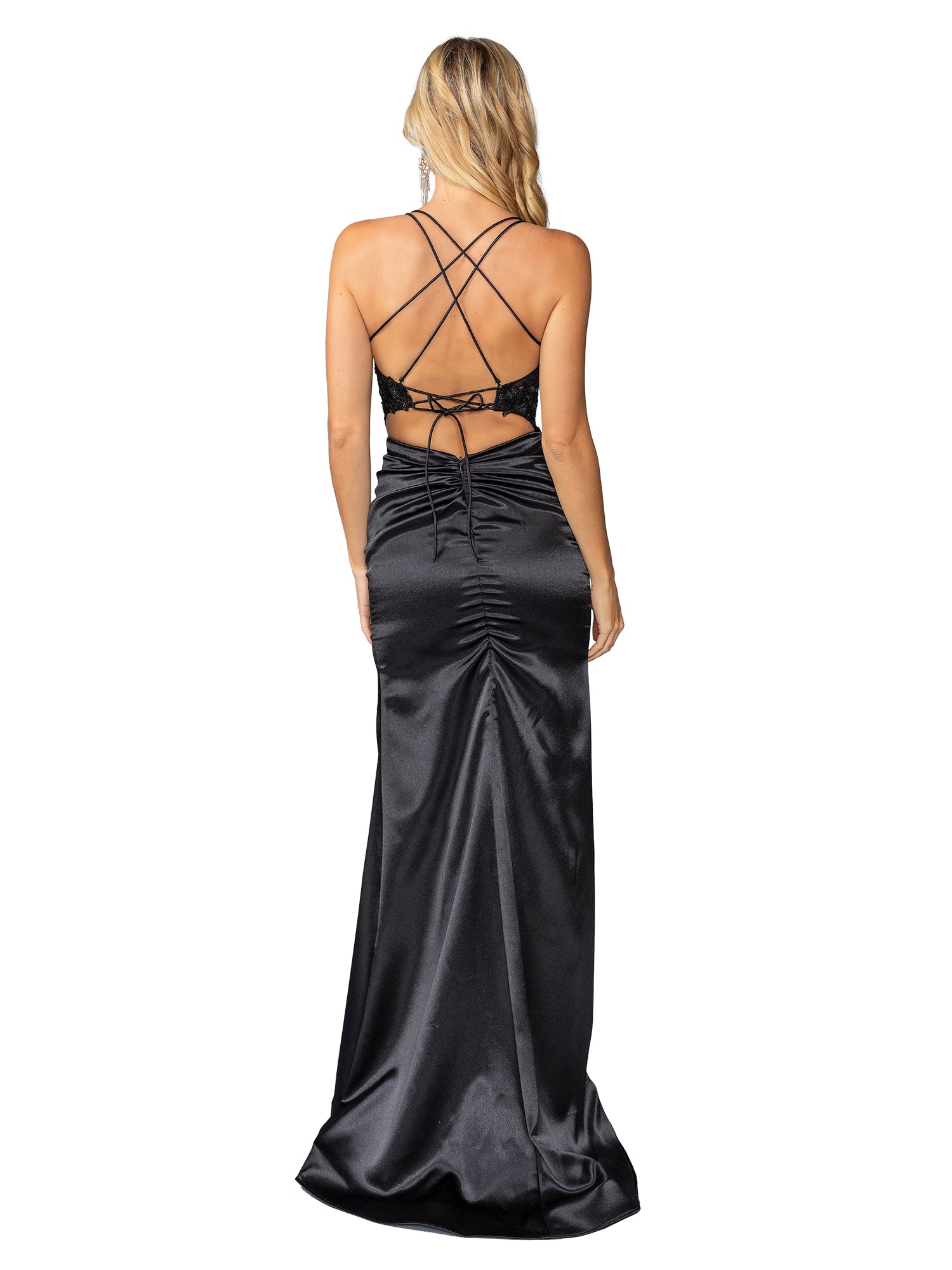 A woman models the Strappy-Back Long Prom Dress: Dancing Queen 4438, facing away to showcase its affordable elegance with crisscross straps and an open ruched back.