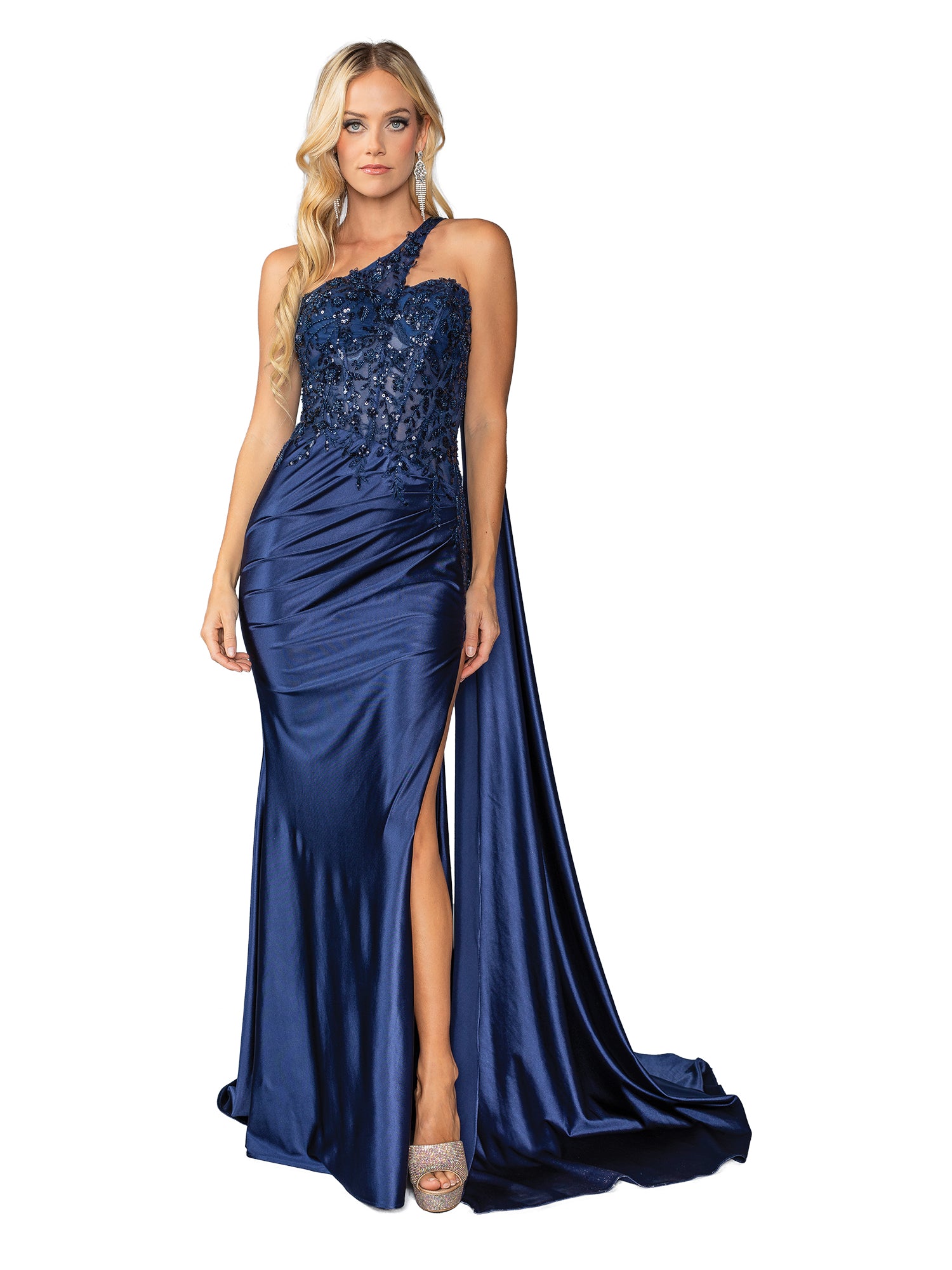 A woman models the Dancing Queen 4441, a navy blue one-shoulder long prom dress with a beaded bodice, thigh-high slit, and long train, standing against a white background.