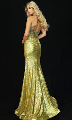 A woman with long blonde hair stands against a black background wearing the Jovani 44429 Long Prom Dress, featuring gold sequins, a fitted bodice, open back, and mermaid silhouette.
