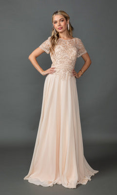A woman models the Beaded-Bodice Long Prom Dress: Dancing Queen 4444 in champagne, featuring a floor-length skirt and short sleeves with a beaded-lace bodice, posed against a plain gray background.