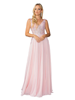 A woman stands against a white background wearing the Lace-Up Long A-Line Prom Dress: Dancing Queen 4446, featuring a sleeveless light pink bodice with lace detailing and a flowing skirt.