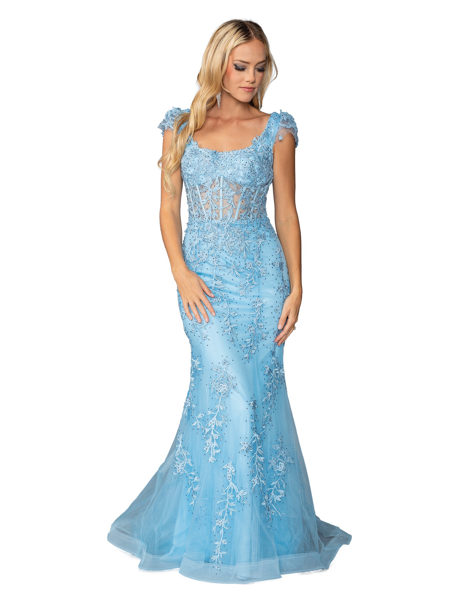Beaded-Lace Long Prom Dress with Cap Sleeves Bahama Blue / Small Beaded-Lace Long Prom Dress with Cap Sleeves Bahama Blue / Small