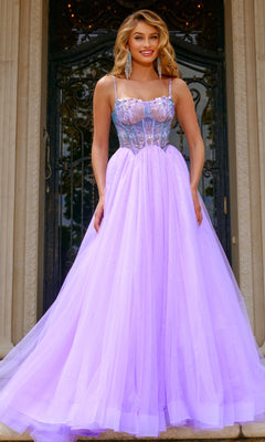 A woman stands before ornate doors in the Jovani 44511 Beaded-Corset Long Prom Ball Gown, a flowing light purple dress with a beaded bodice, sheer straps, and the elegance of an embellished corset design.