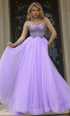 A woman stands before ornate doors in the Jovani 44511 Beaded-Corset Long Prom Ball Gown—a lavender creation with a beaded bodice and tulle skirt—holding out one side of her dress.