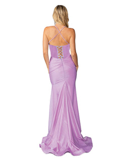A woman stands with her back to the camera in the Dancing Queen 4456 Lace-Up Long Corset Prom Dress, a floor-length, sleeveless lavender gown featuring a lace-up open back and crisscross straps.