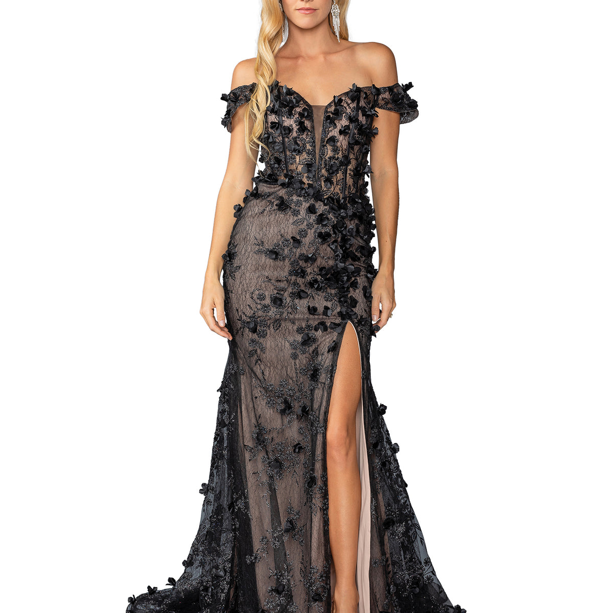Off-the-Shoulder Long Black Prom Dress with Flowers