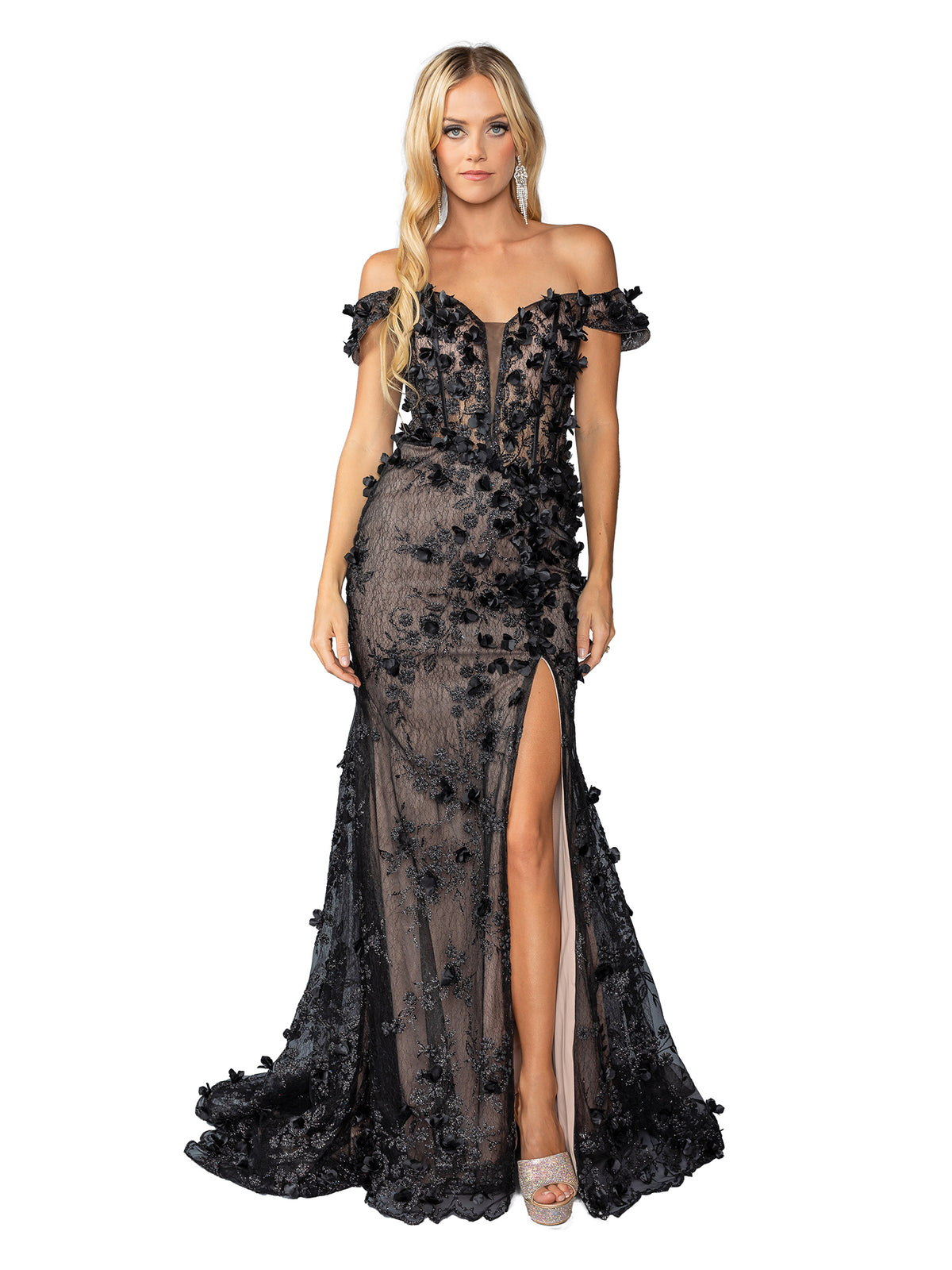 Off-the-Shoulder Long Black Prom Dress with Flowers